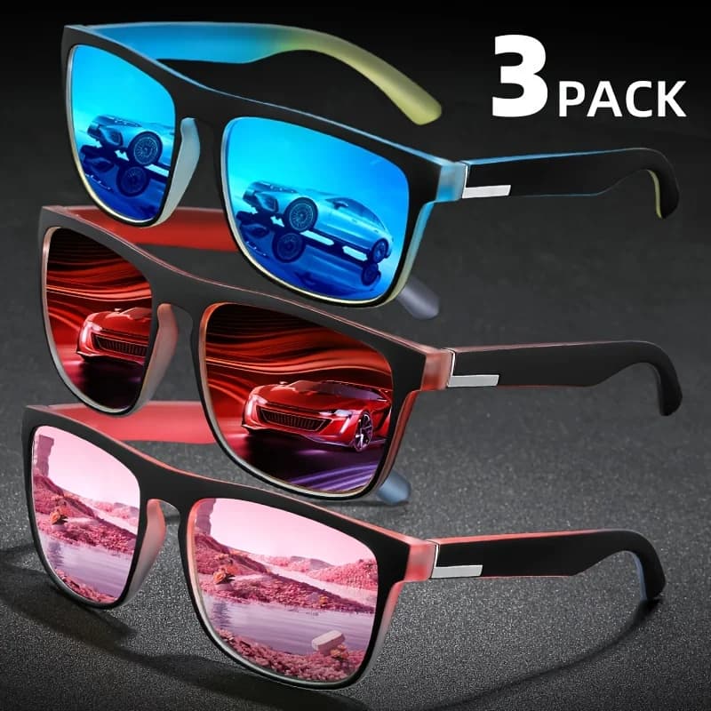 Lot 3 paires de lunettes de soleil polarisées carrées dégradé multicolore - Anti-éblouissement UV400 pour pêche et conduite