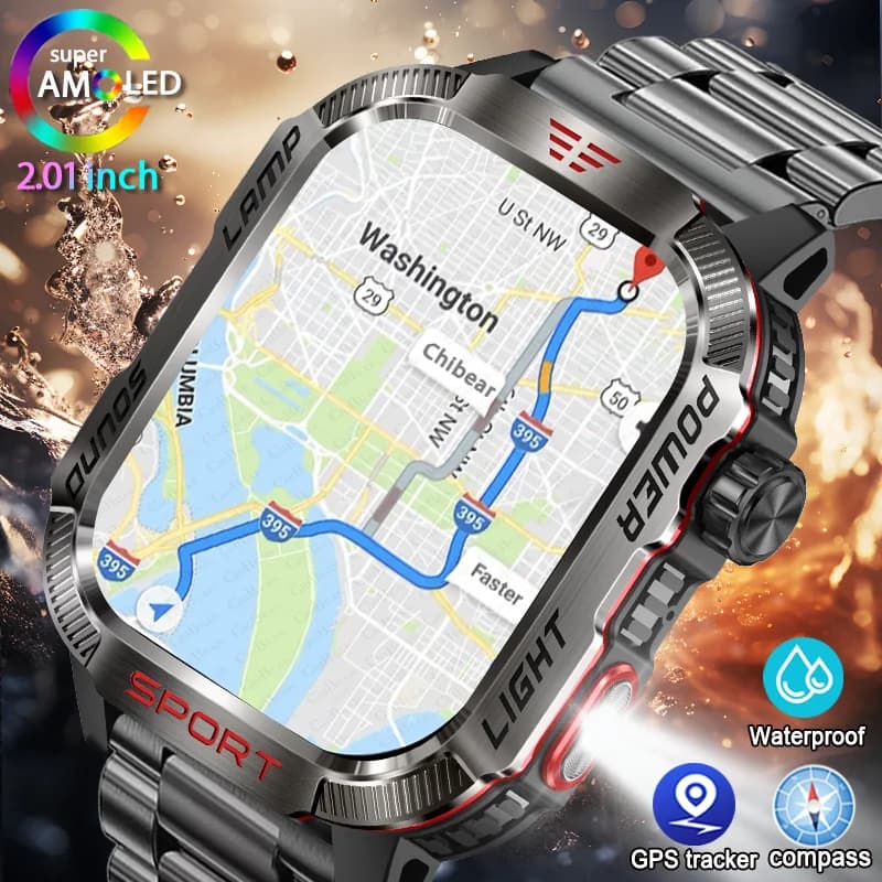 Smartwatch militaire GPS avec lampe torche et boussole - Montre outdoor étanche 600mAh
