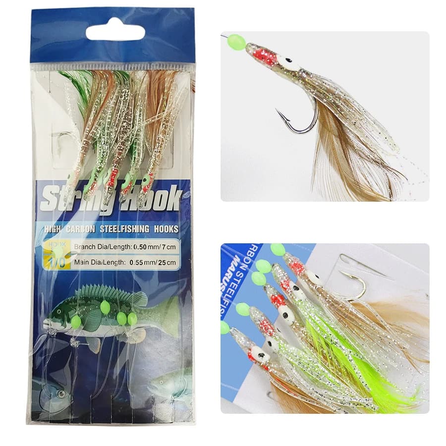 Ligne Sabiki complète avec leurre poulpe lumineux et plumes pour pêche en mer - pack 1/0