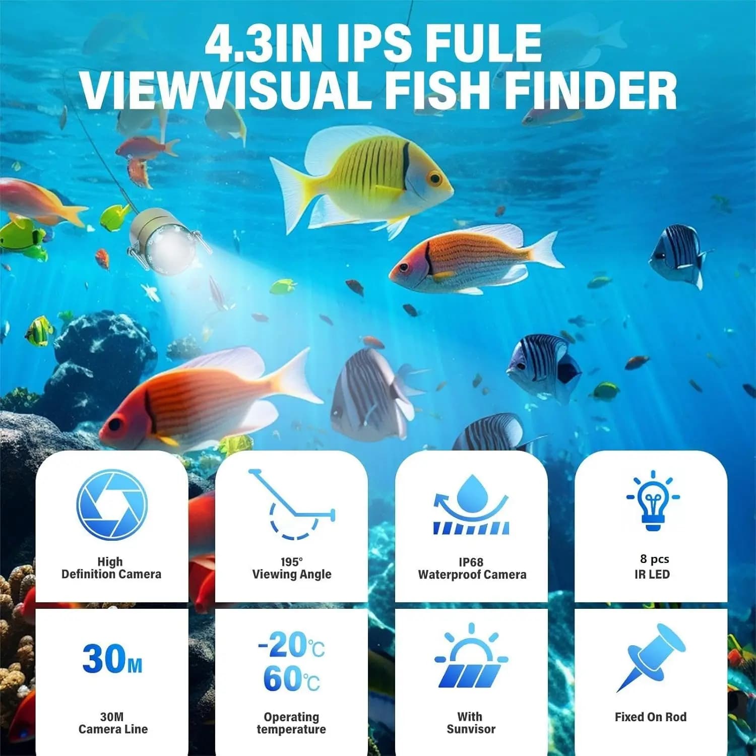 Caméra de pêche portable 15m étanche IP68 avec vision nocturne 8 LED IR et écran 4,3 pouces Fish Finder