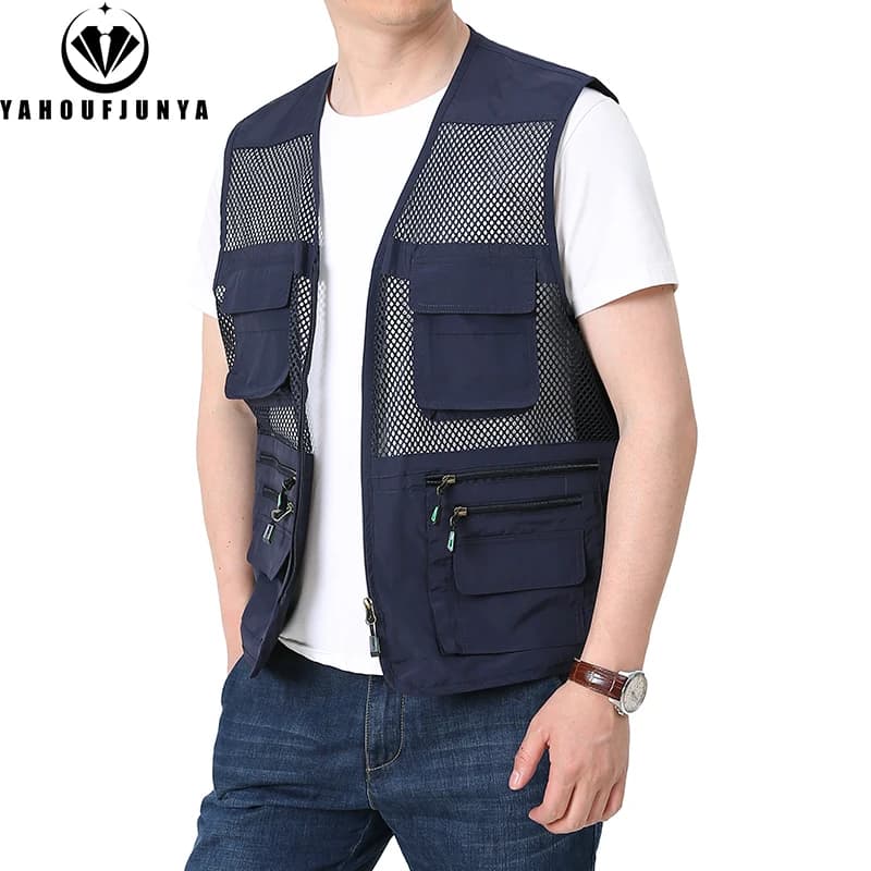 Veste de pêche sans manches homme 8XL avec multiples poches et fermeture éclair, parfaite pour le