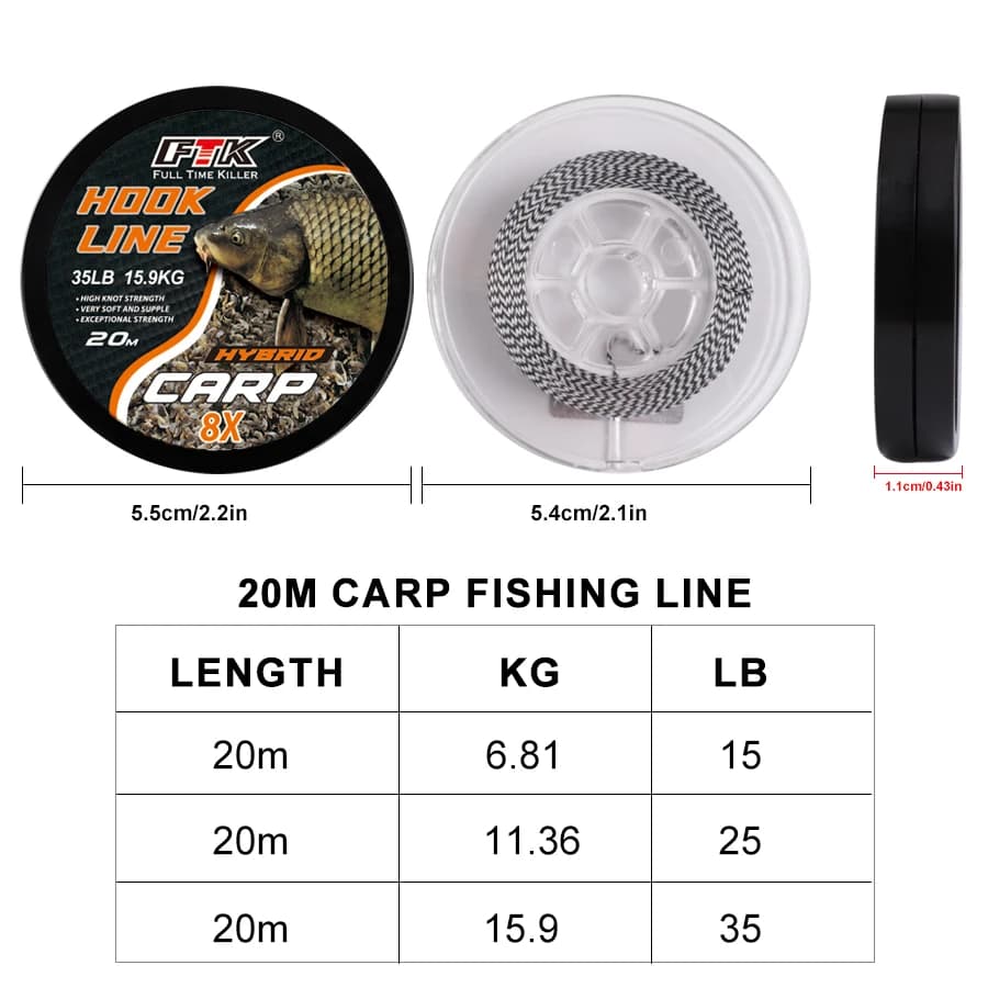 Ligne Carp Fishing FTK 20m 15/25/35LB pour hair rig - Tressée non gainée souple pour pêche carpe