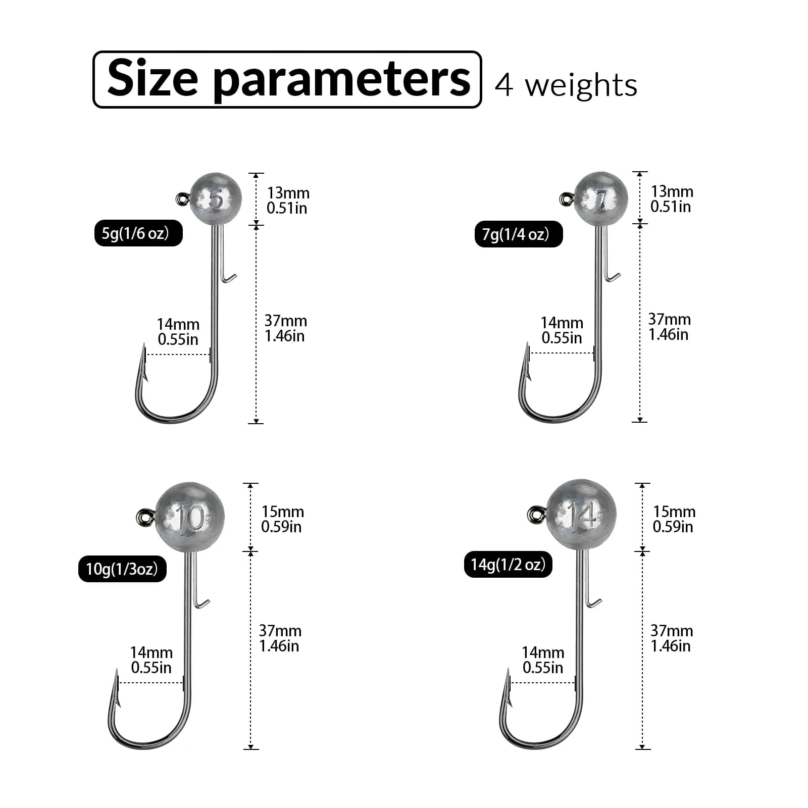 5 hameçons plombés tête ronde 14g anti-herbe pour leurres souples 5g 7g 10g - kit pêche aux leurres
