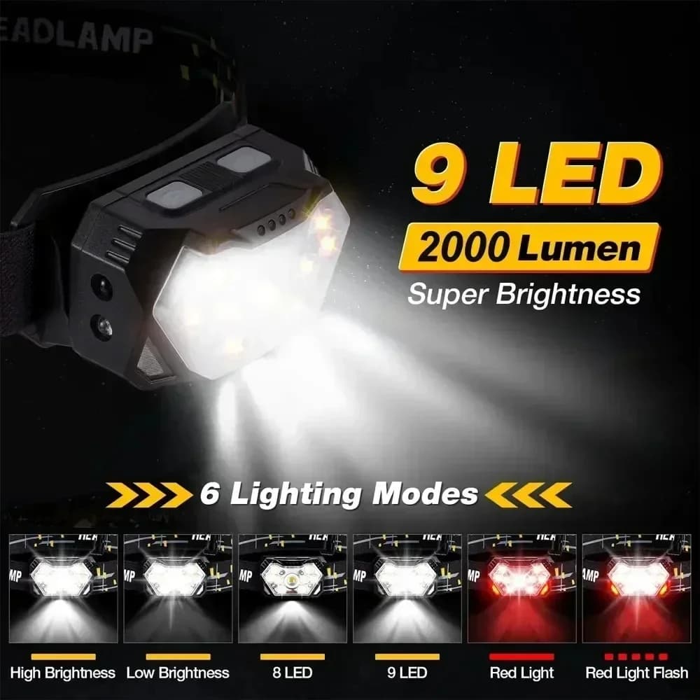 Lampe frontale LED 2000 lumens avec détecteur de mouvement étanche pour pêche et camping