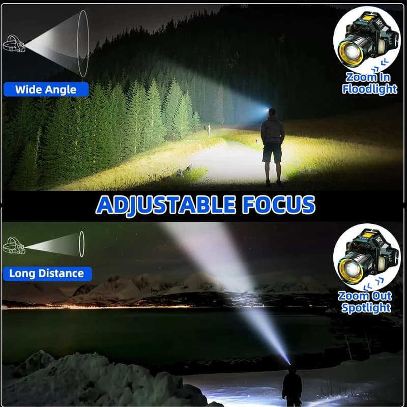 Lampe frontale LED puissante zoomable étanche haute luminosité pour pêche en mer et travail