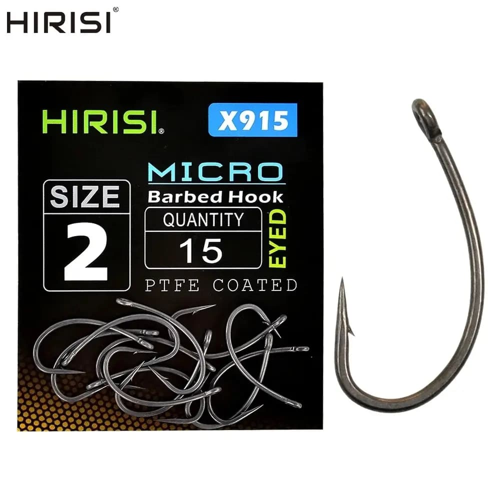 Hameçons carpe Hirisi X915 micro-barbe, acier haute teneur en carbone et revêtement PTFE, lot de 15