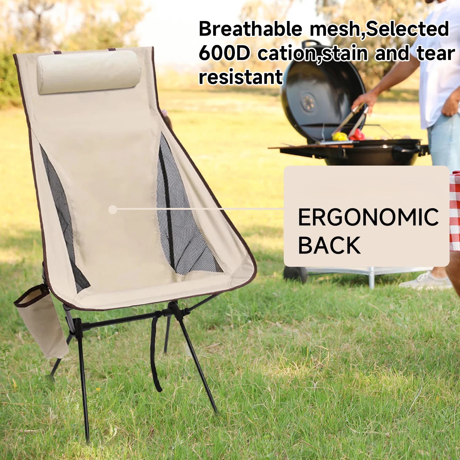 Chaise de camping pliante légère en aluminium et tissu 600D 150kg avec appui-tête pêche confort