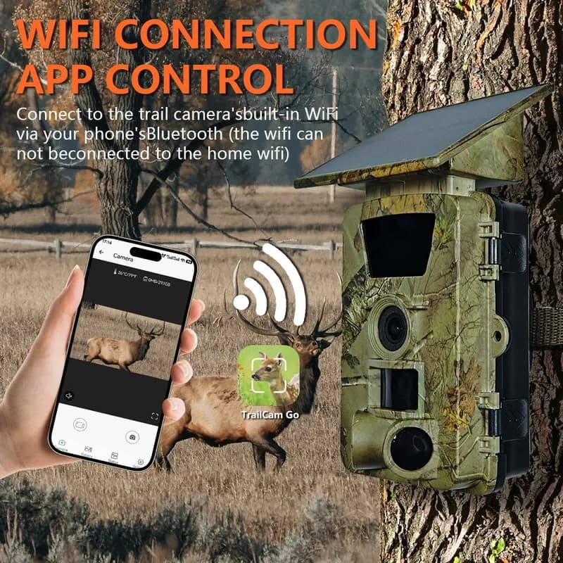 Caméra de chasse solaire 5K 60MP WiFi étanche IP66 grand angle vision nocturne surveillance