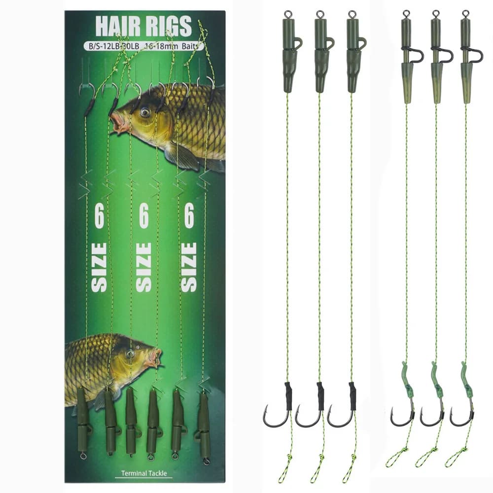 6 montages carpe pré-montés avec hameçons et lignes leaders pour boilies et appâts carp fishing