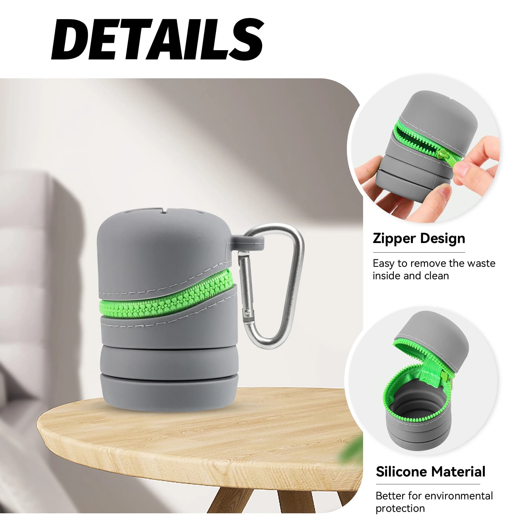 Boîte de pêche pliable en silicone avec fermeture éclair - Poubelle portable multifonction avec mousquetons