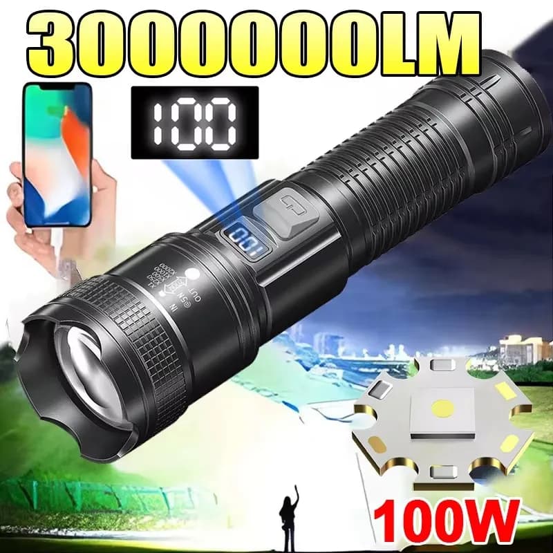 Lampe torche tactique 300000LM avec écran LED rechargeable USB pour défense, pêche et camping