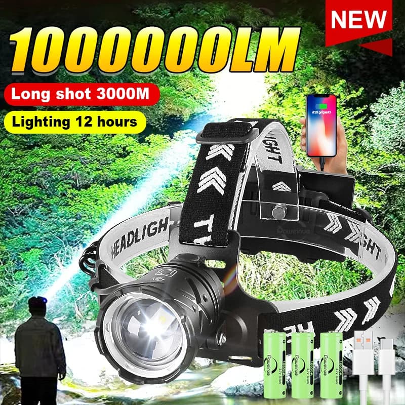 Lampe frontale professionnelle 1000000LM rechargeable 18650 ultra puissante pour pêche en mer et grands lacs