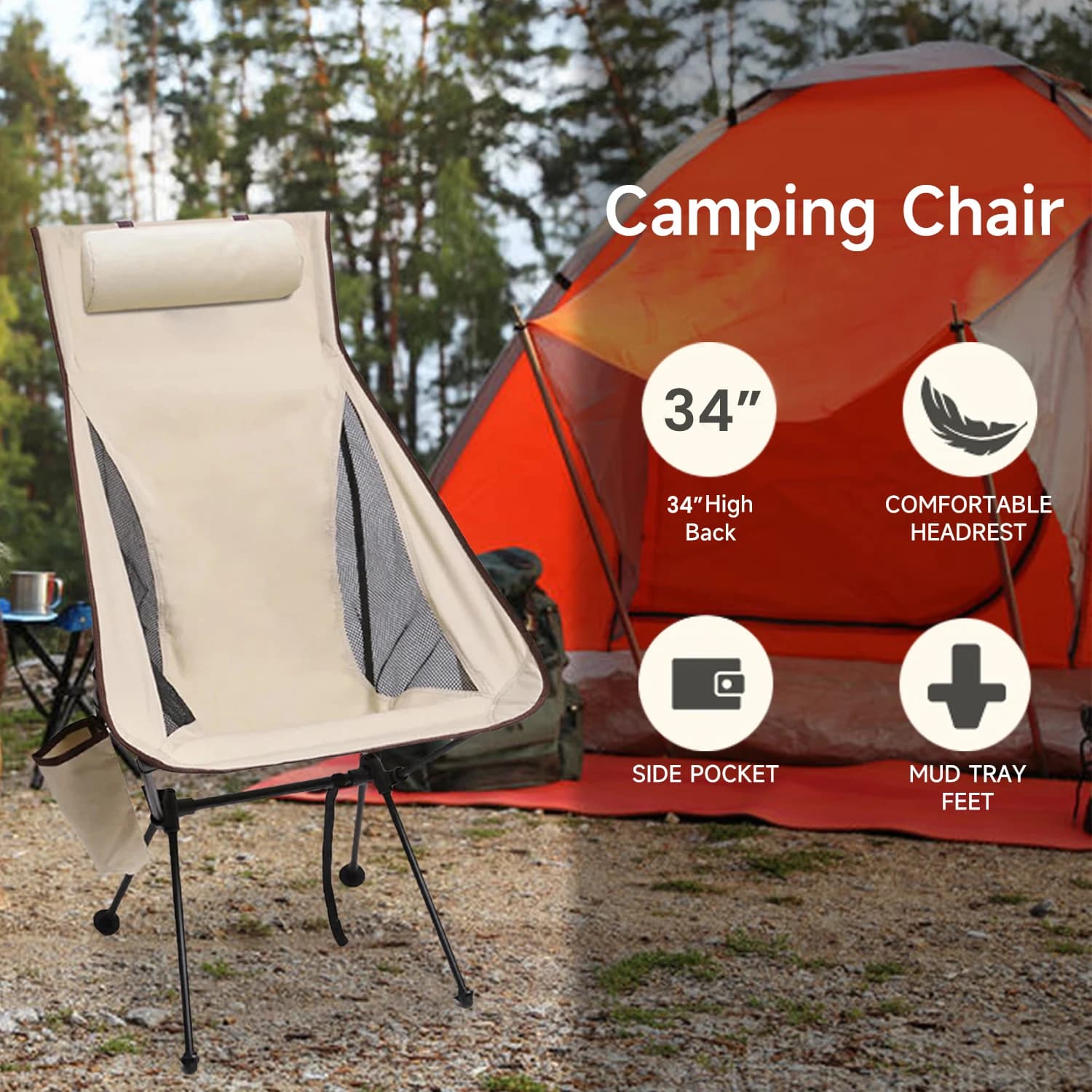 Chaise de camping pliante légère en aluminium et tissu 600D 150kg avec appui-tête pêche confort