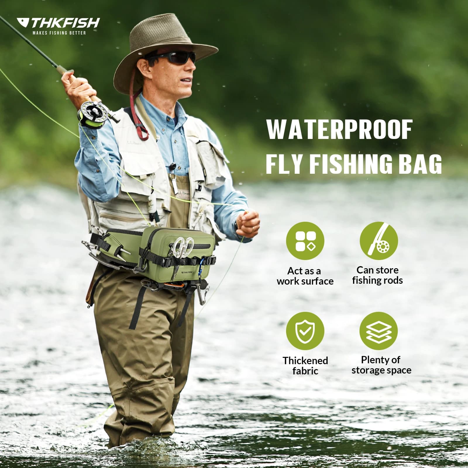 Sac pêche multifonction vert étanche - Sac à dos et ceinture pour rangement leurres et accessoires