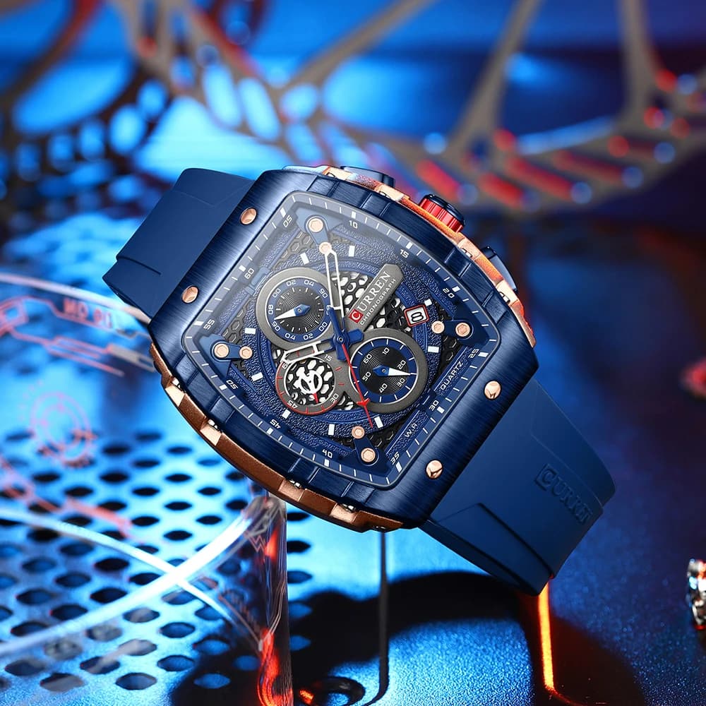 Montre homme Curren design carré unique luxe quartz bracelet silicone étanche montre sport tendance