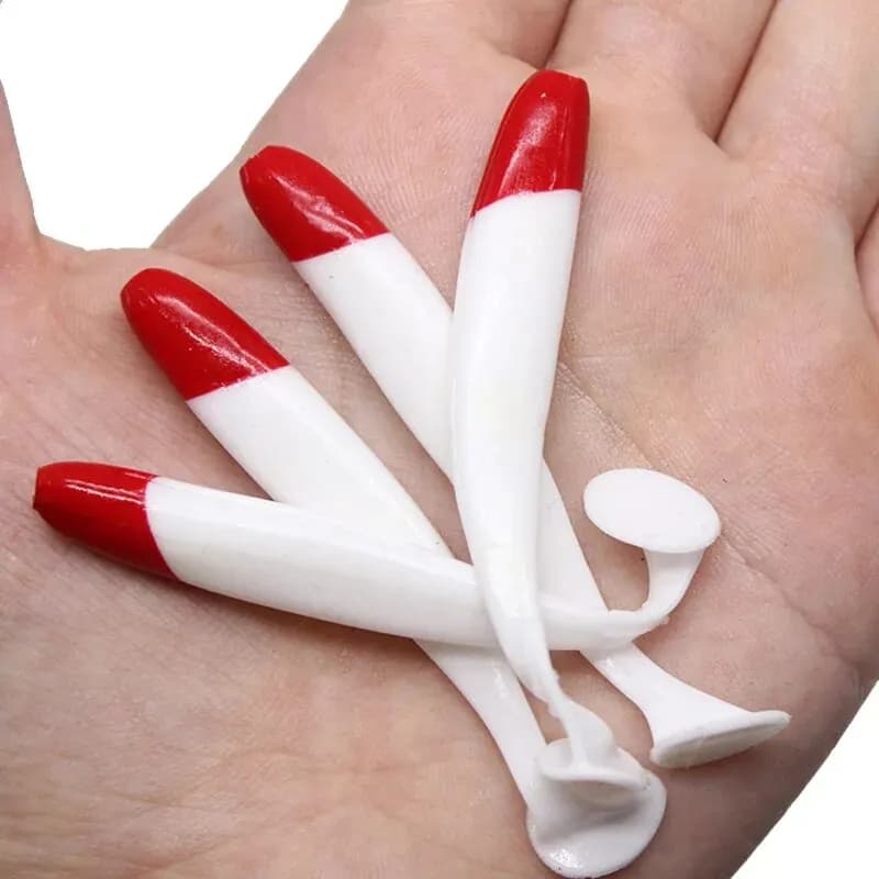 Leurre Souple T-tail Bionique 7 à 12 cm, Tête Rouge Corps Blanc, 10 Leurres par Sachet