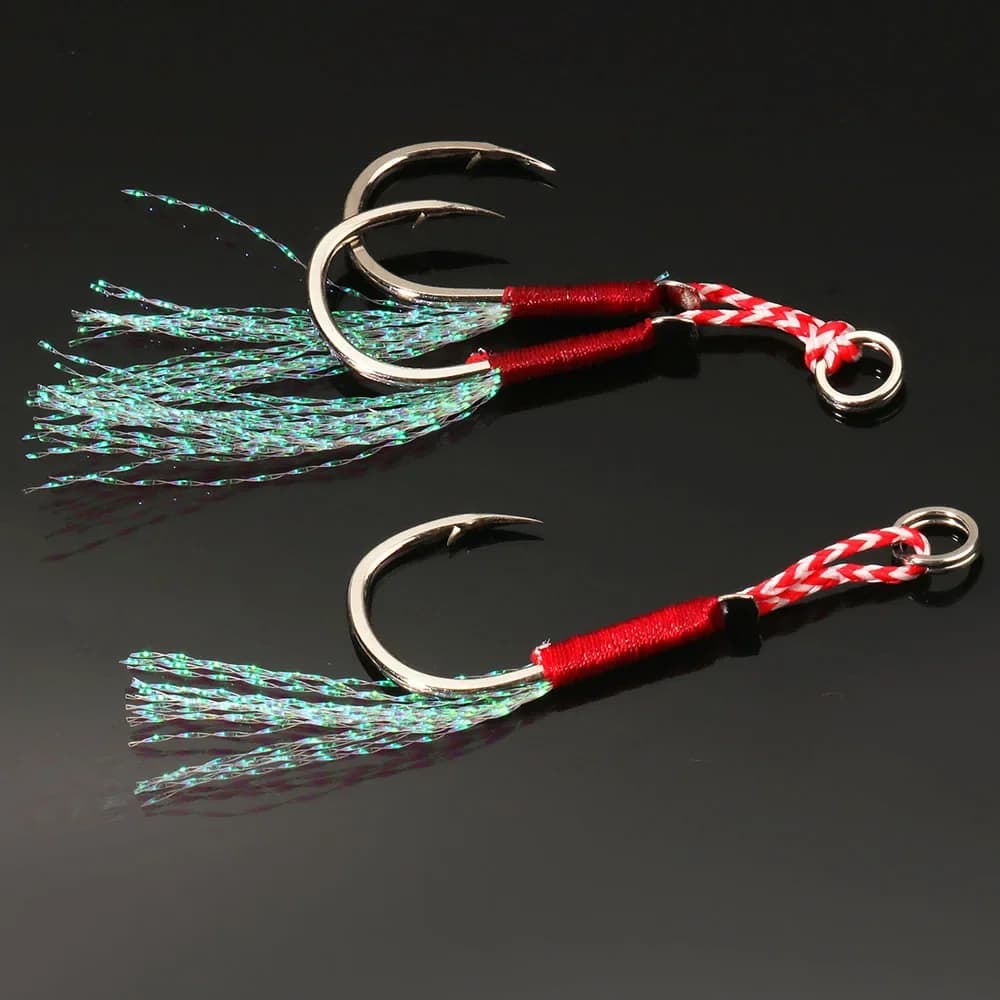 Lot de 10 hameçons assistés pour leurres jig, acier haute teneur carbone, barbelés et emplumés pour