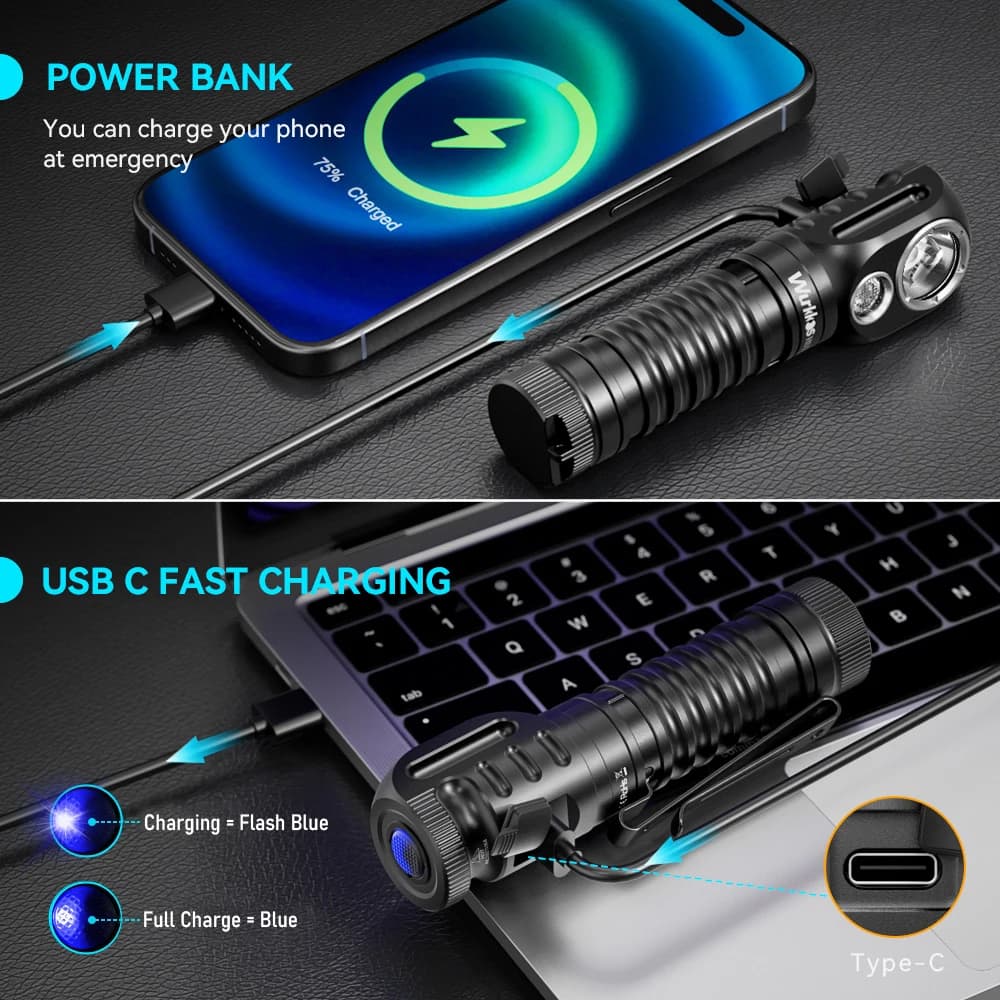 Frontale Wurkkos HD20 double LED 2000lm rechargeable inversée pour pêche professionnelle et EDC