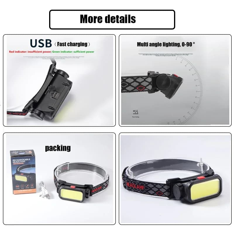 Lampe frontale COB LED puissante rechargeable USB pour pêche nocturne et camping - 4 modes