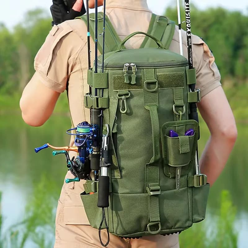 Sac à dos tactique de pêche avec MOLLE - Équipement de pêche et outdoor multifonction avec porte-cannes