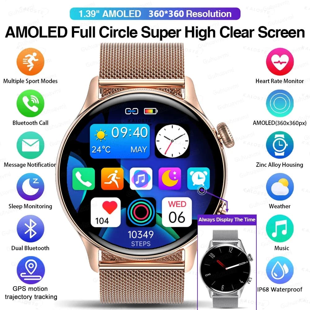 Montre Connectée 2026 Femme Homme - Smartwatch AMOLED écran toujours allumé étanche IP68 GPS Android iOS