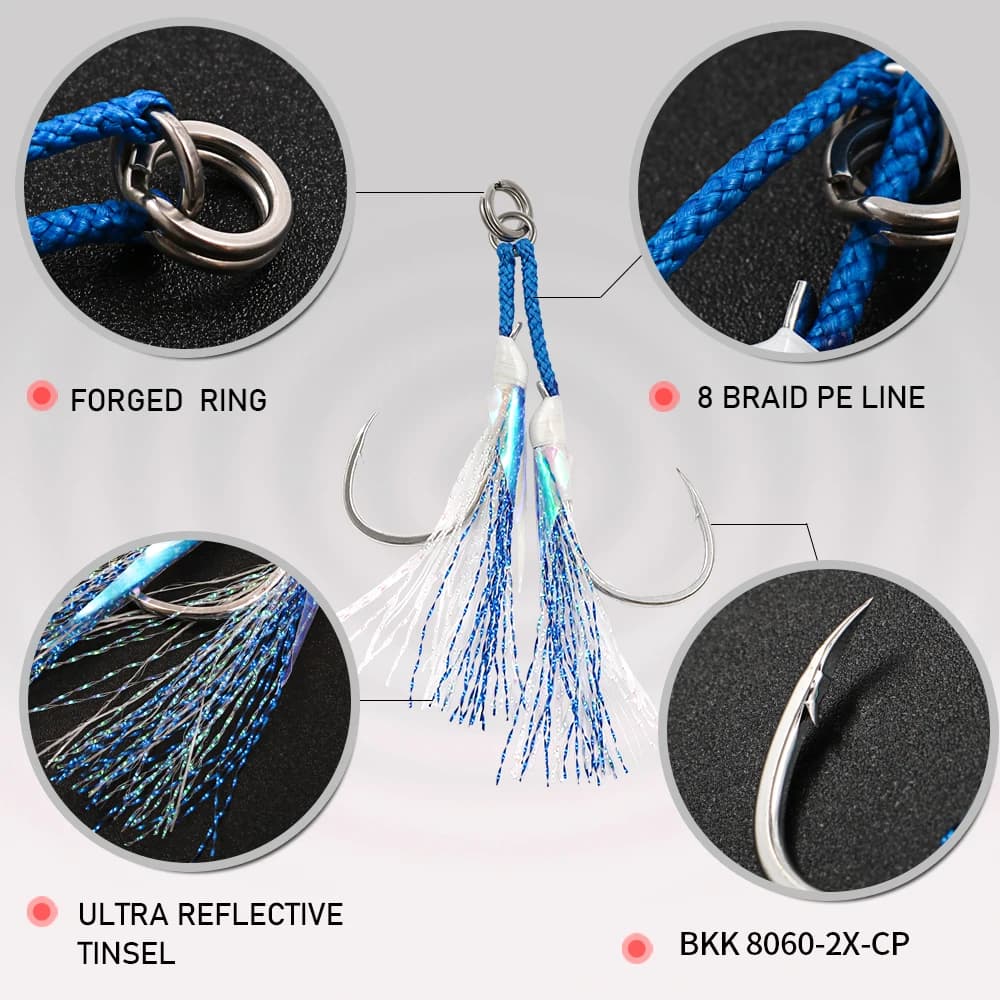 Hameçons doubles assistés JIGGING PRO pour jigging en mer - modèles 1/0 à 4/0 haute résistance