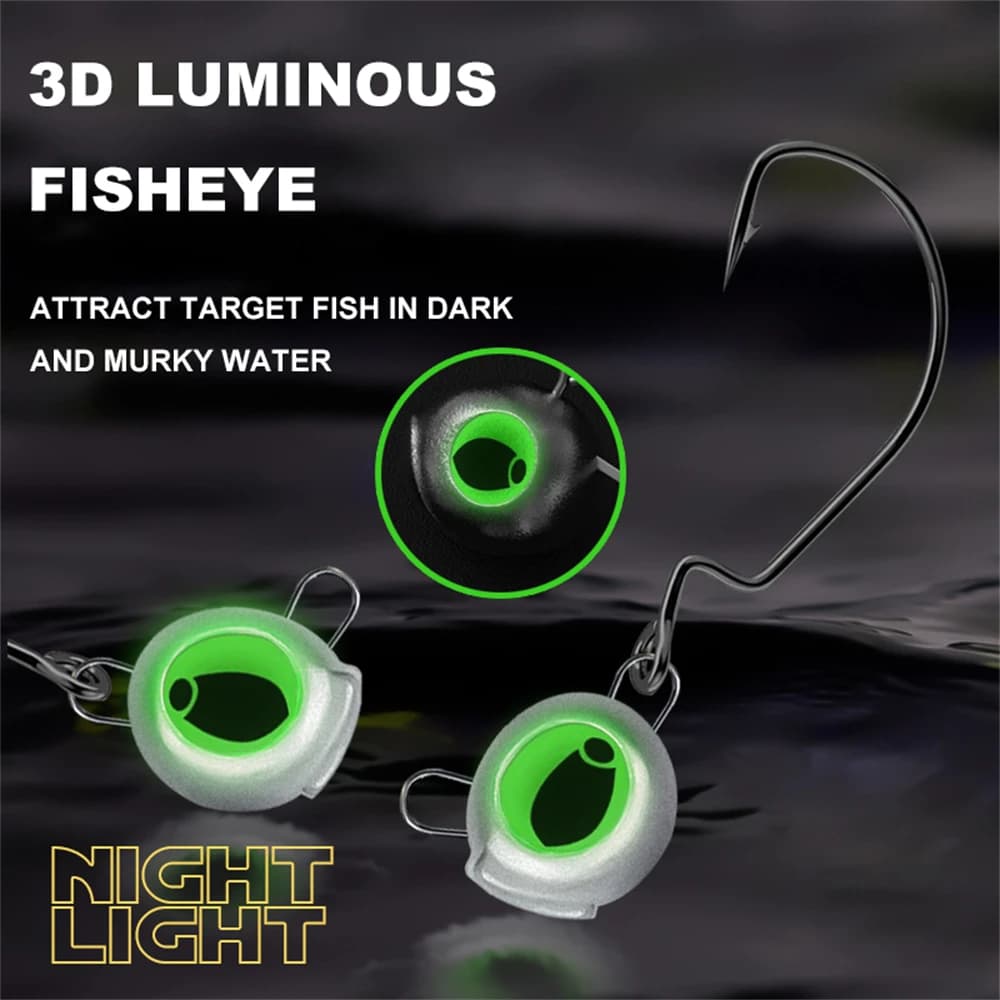 10 têtes plombées weedless avec yeux luminescents - Hameçons wide gap pour perche et bass