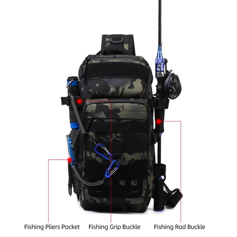 Sacoche pêche camouflage multifonction avec sangle croisée pour leurres et équipement de pêche