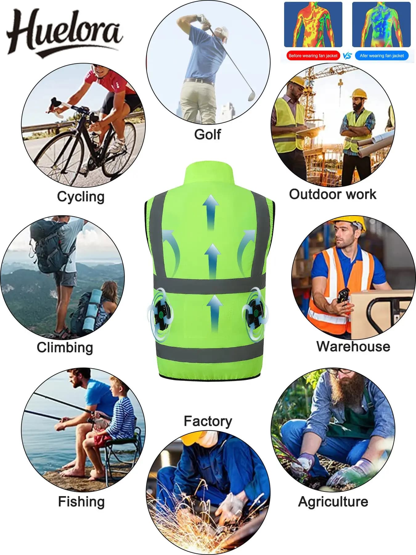 Veste Rafraîchissante Été avec Ventilateur et USB, Haute Visibilité pour Travail ou Pêche