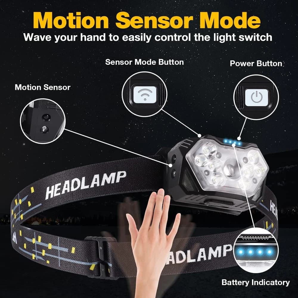 Lampe frontale 9 LED rechargeable USB détecteur mouvement - Frontale pêche camping puissante portable