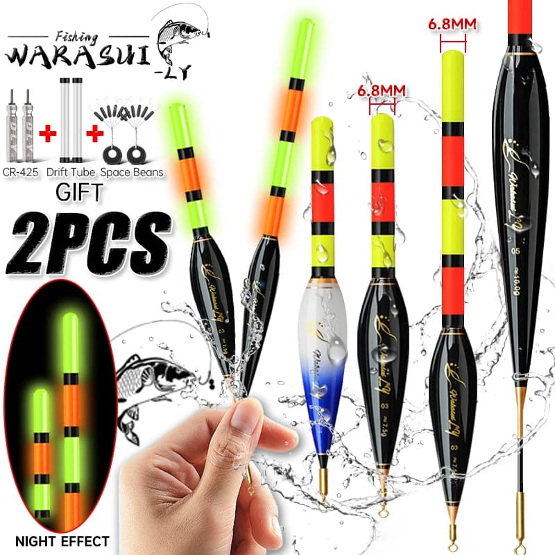 WAKASUI 2 flotteurs luminescents LED pour pêche de nuit, haute sensibilité 6.8mm et longue portée
