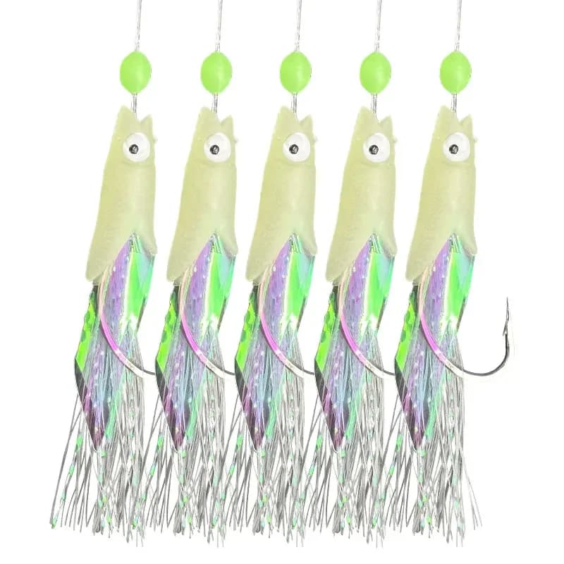 Kit Sabiki Pêche en Mer 5 Hameçons avec Leurres Fluorescents et Peau de Poisson Naturelle