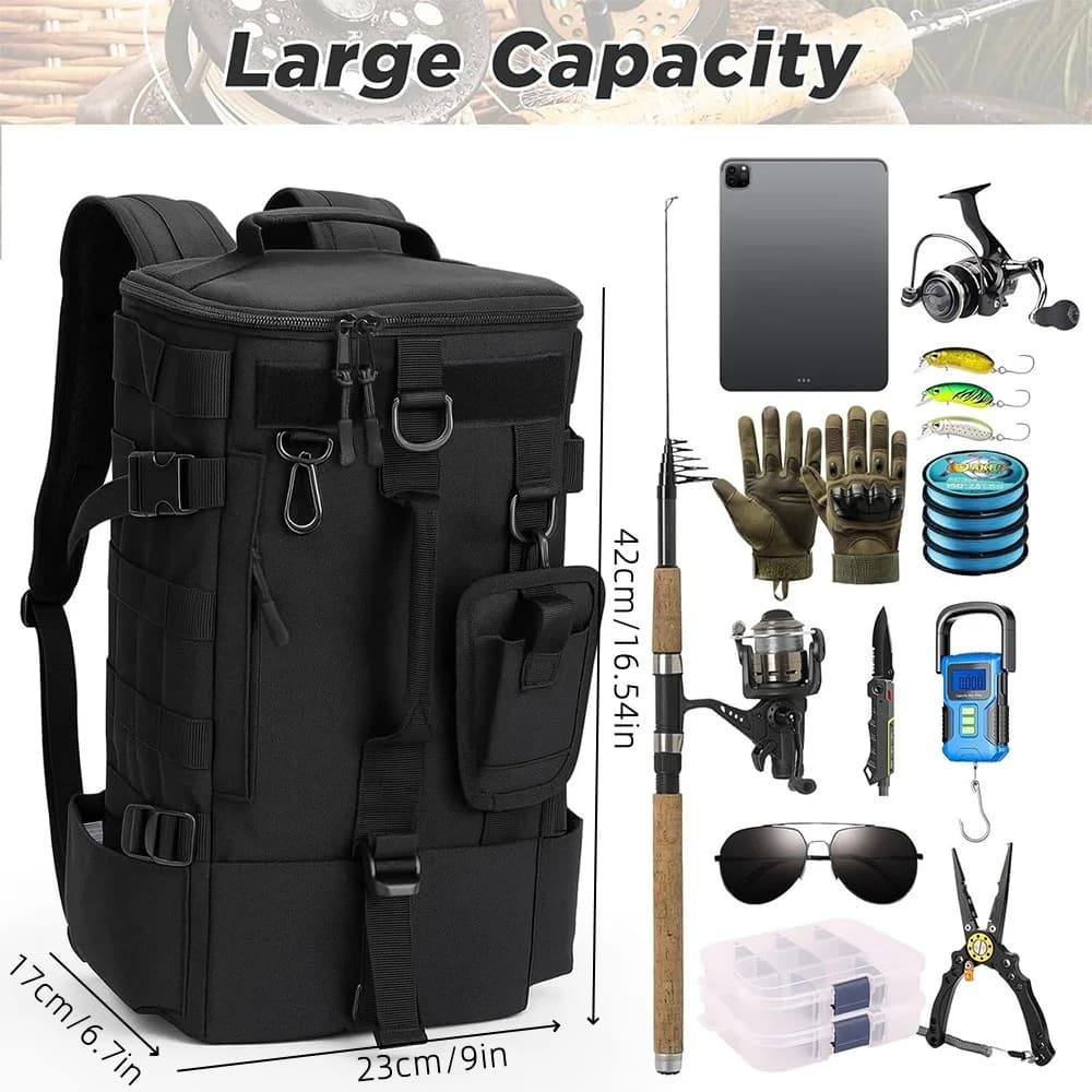 Sac à dos tactique de pêche avec MOLLE - Équipement de pêche et outdoor multifonction avec porte-cannes