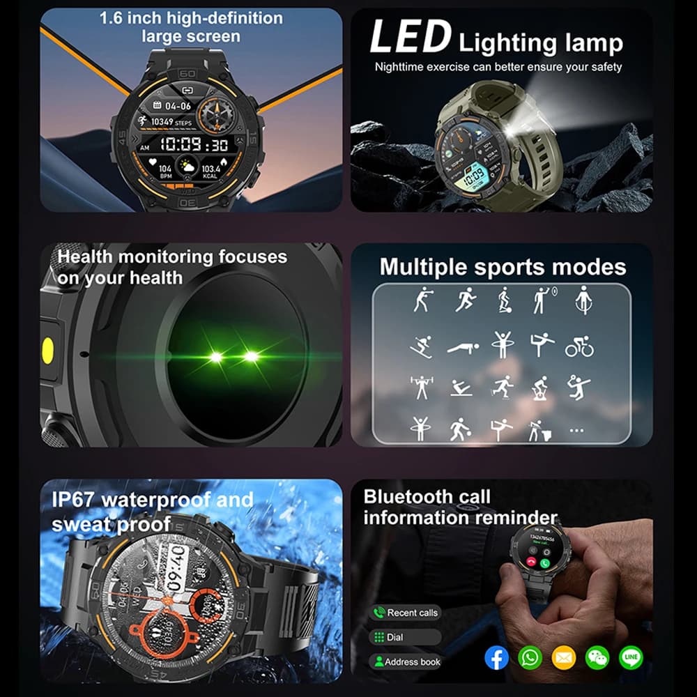 Montre Connectée Militaire Homme - Écran HD 360*360, Lampe Torche, Monitoring Santé, Étanche, Android iOS