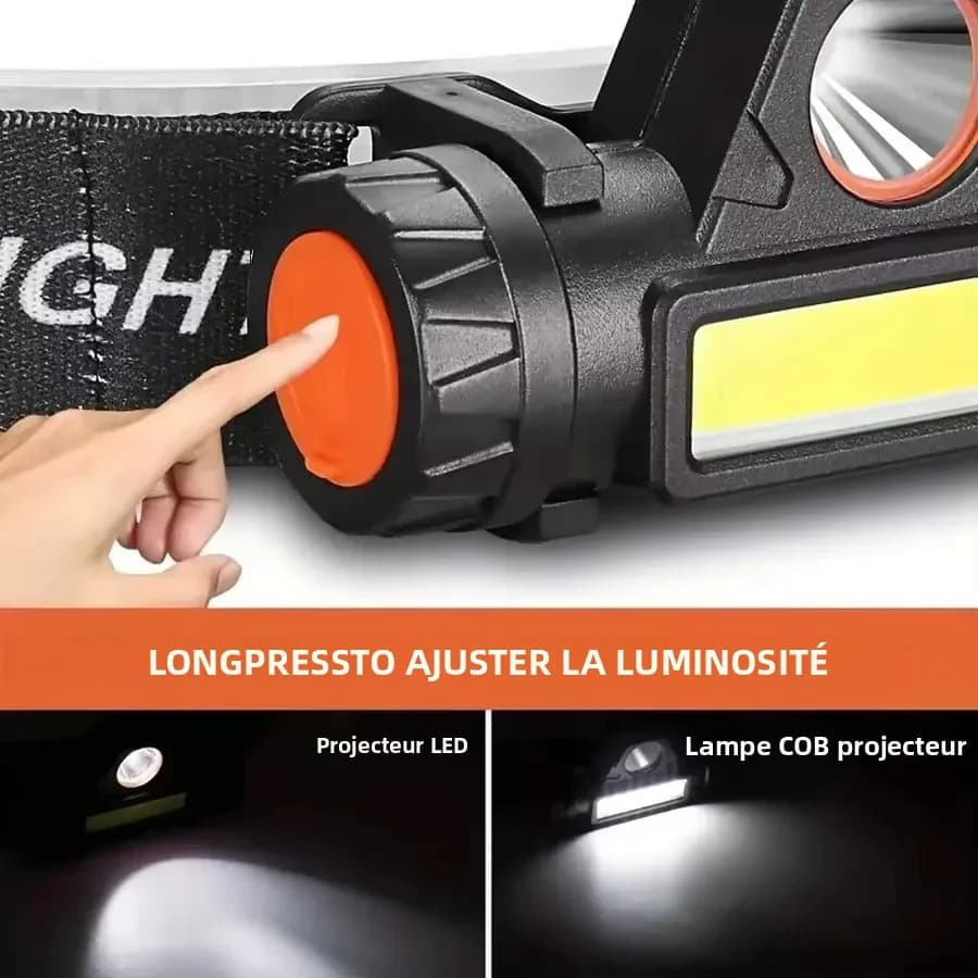 Lampe frontale COB LED USB rechargeable puissante et étanche pour la pêche de nuit en extérieur