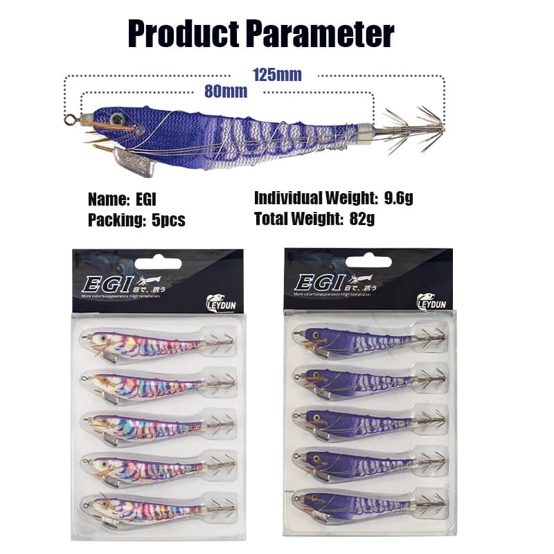 Leurre Egi lumineux calamar crevette bois 5 pièces pour la pêche en mer profonde