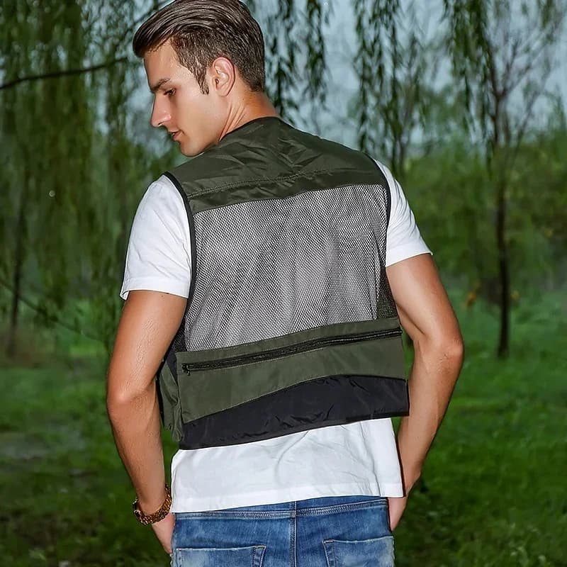 Veste de pêche détachable respirante avec multiples poches résistantes et bandes réfléchissantes