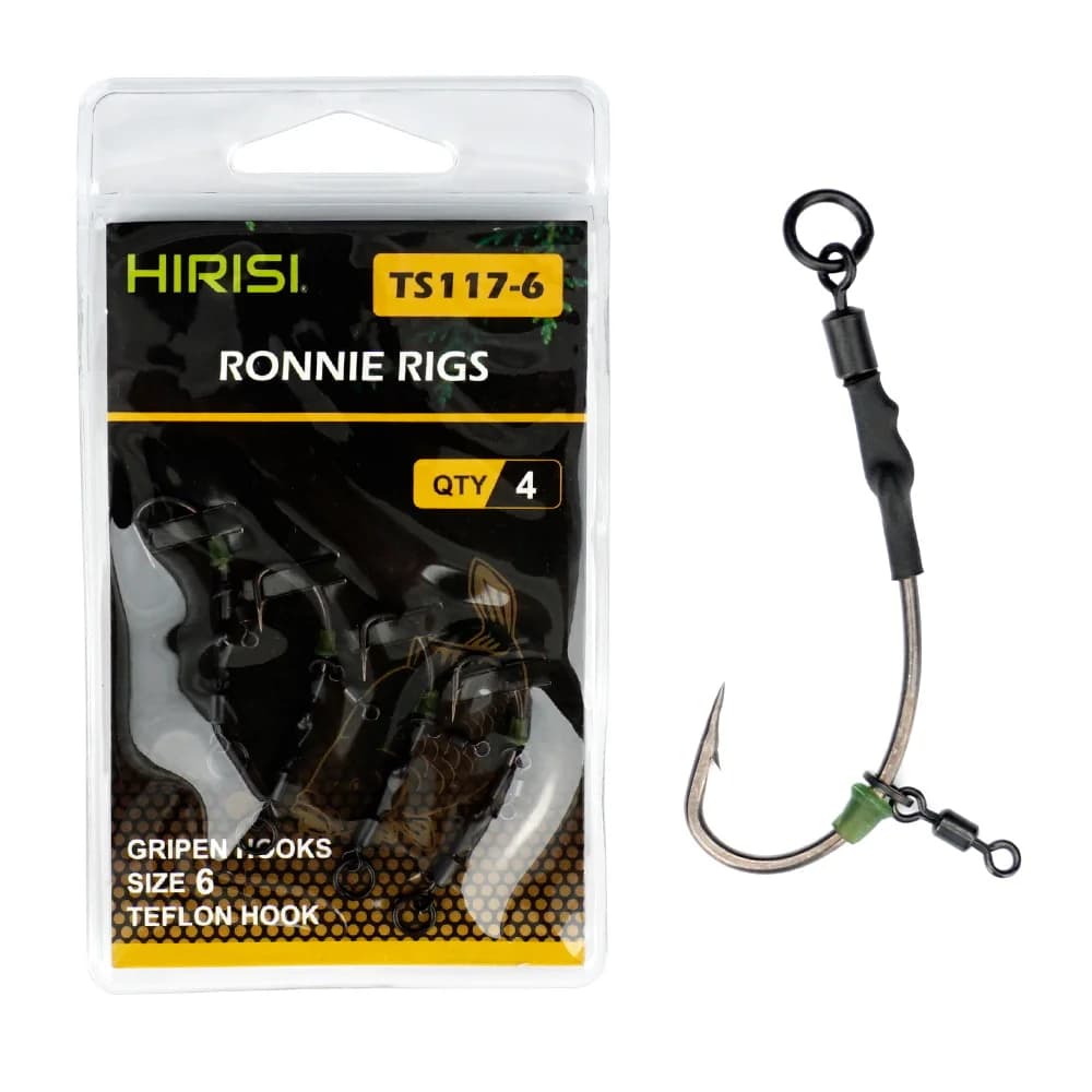Montage Ronnie Rig prêt à l'emploi pour carpe - Kit 4 pièces Hirisi avec hameçons spécialisés