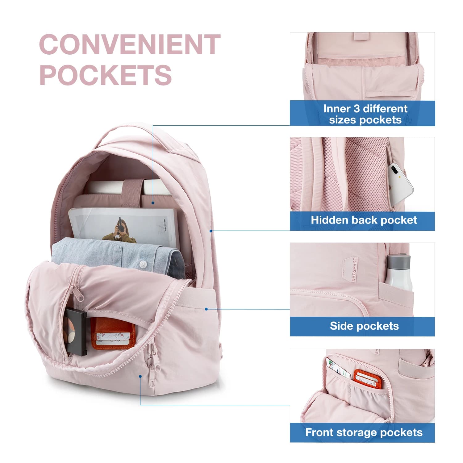 Sac à dos femme BAGSMART anti-vol - Sac ordinateur 13 pouces kawaii étanche nylon pour école et voyage