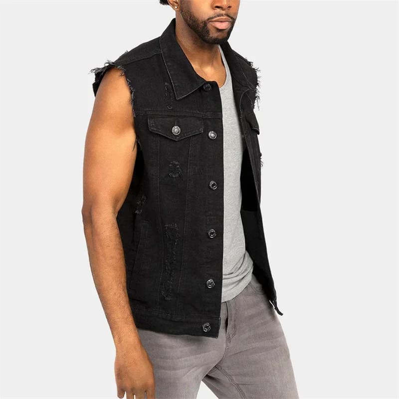 Veste sans manches en denim brut à bords effilochés pour homme style cowboy casual