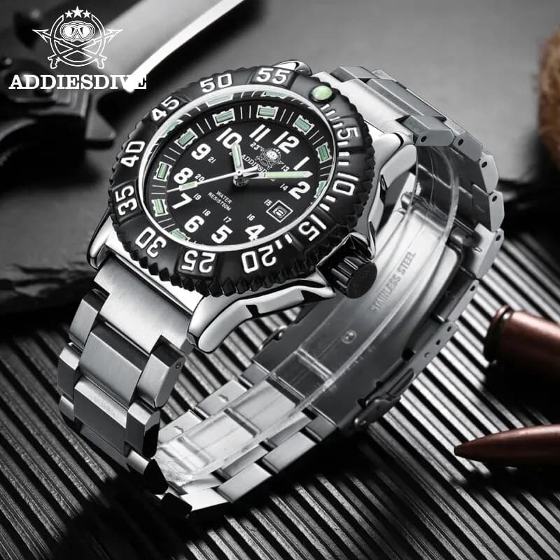 Montre plongée Addies Dive 50m étanche - Cadran noir lumineux - Lunette tournante - Style casual homme