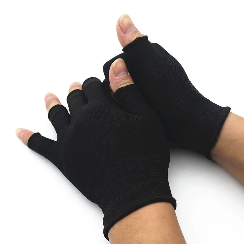 Paire de gants sans doigts noirs mi-longs homme femme laine tricot poignet coton hiver pêche