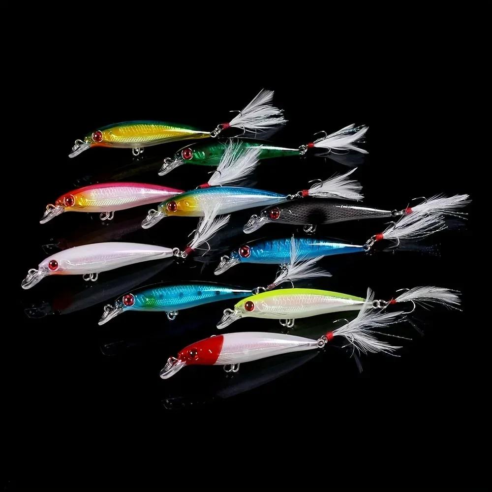 Set 10 leurres minnow avec plumes pour black bass - Leurres crankbait 9cm/7g prise rapide
