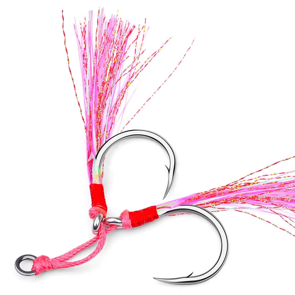 Hameçons assistés doubles barbelés 5 paires avec plumes roses pour pêche au jig accessoires