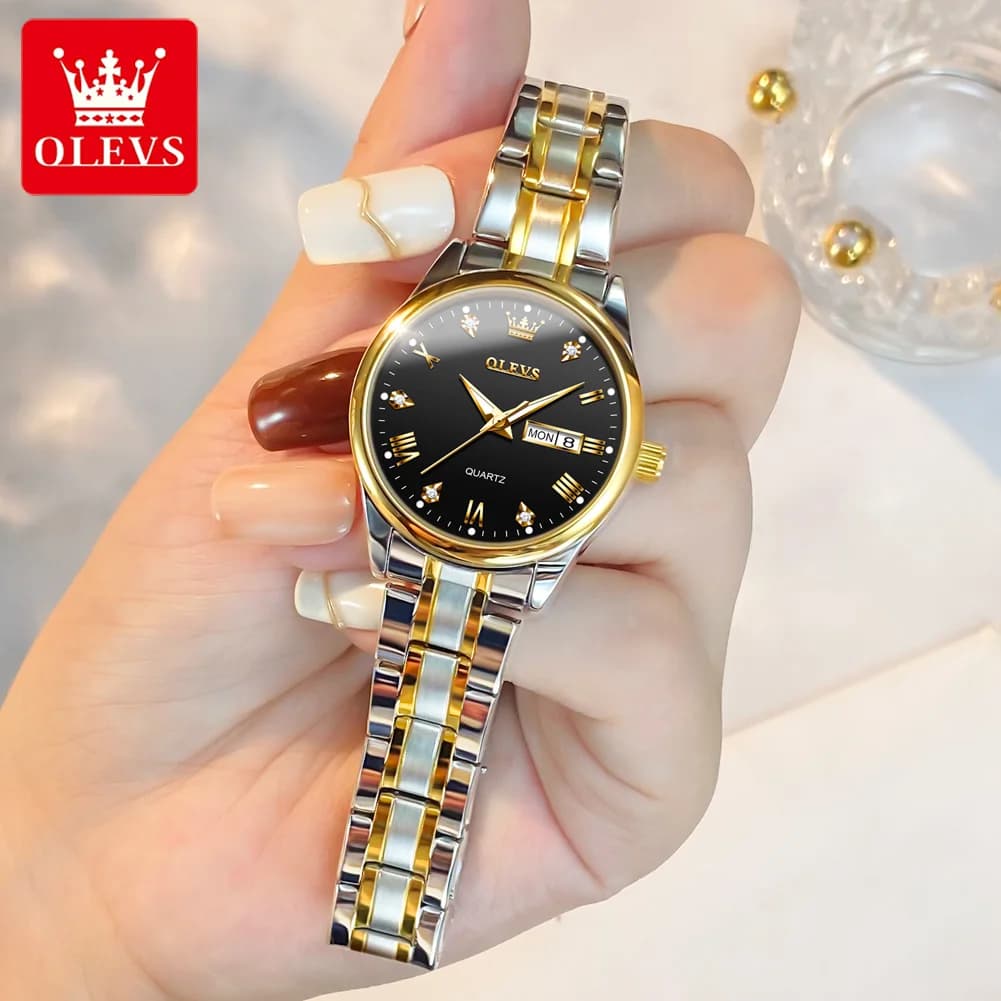 Montre femme OLEVS luxe diamants dorée étanche acier inoxydable calendrier lumineuse cadeau