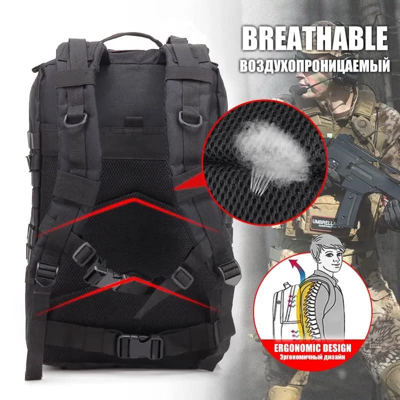 Sac à dos tactique pêche 45L - Rangement MOLLE équipement trekking chasse survie pêcheur