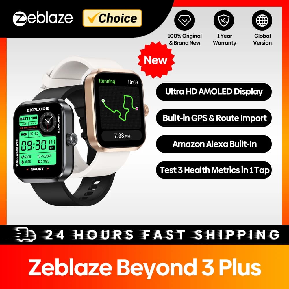 Smartwatch Zeblaze Beyond 3 Plus GPS - Écran AMOLED 1.78'', Alexa intégrée, appels, étanche 3ATM