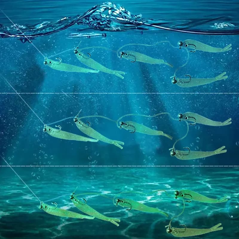 Pack de 5 leurres souples cluster 3D - appâts simulation yeux tête queue pour bar pêche mer accessoires