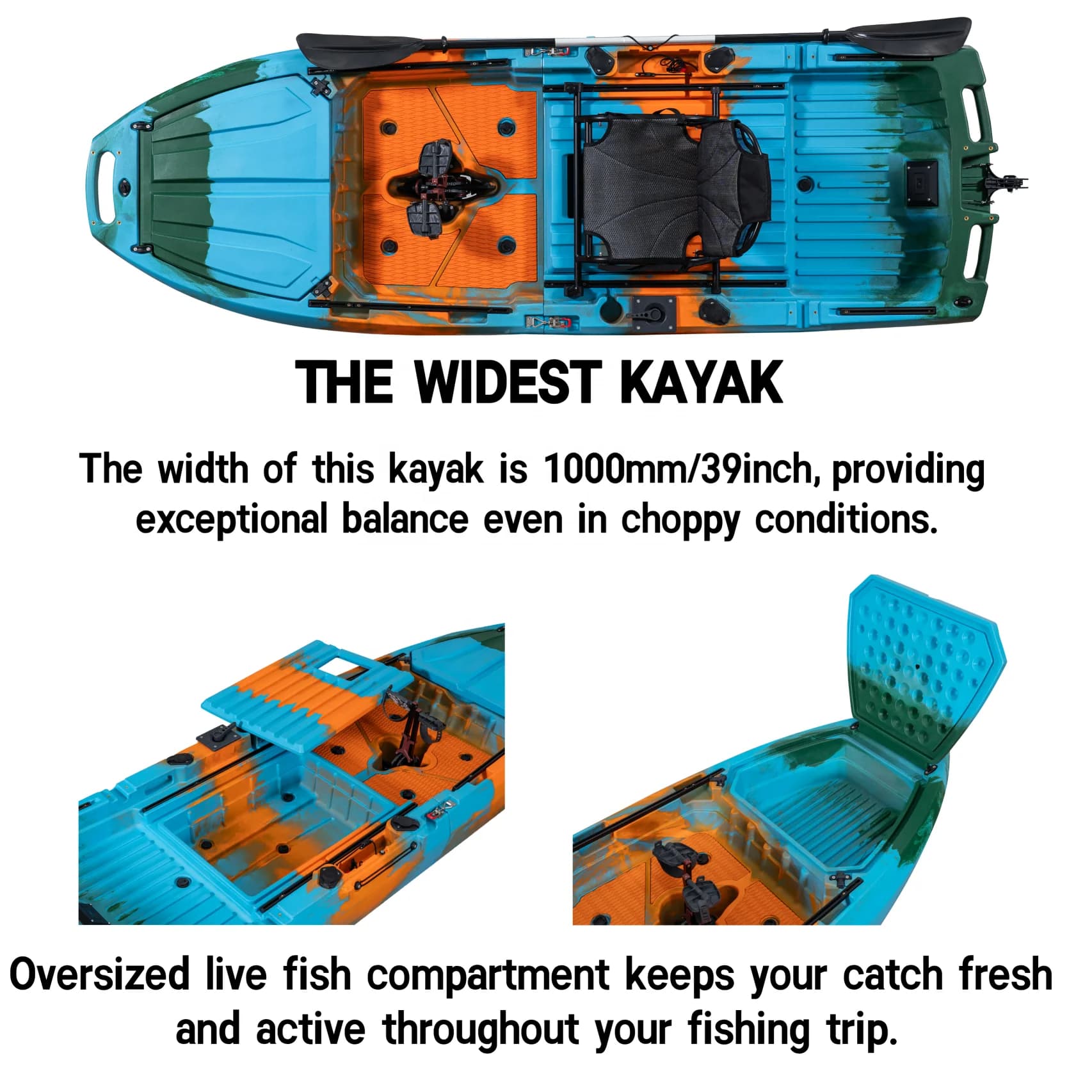 Kayak pêche modulaire 2 sections ultra-large 10 pieds - Canoë à pédales monoplace populaire en gros