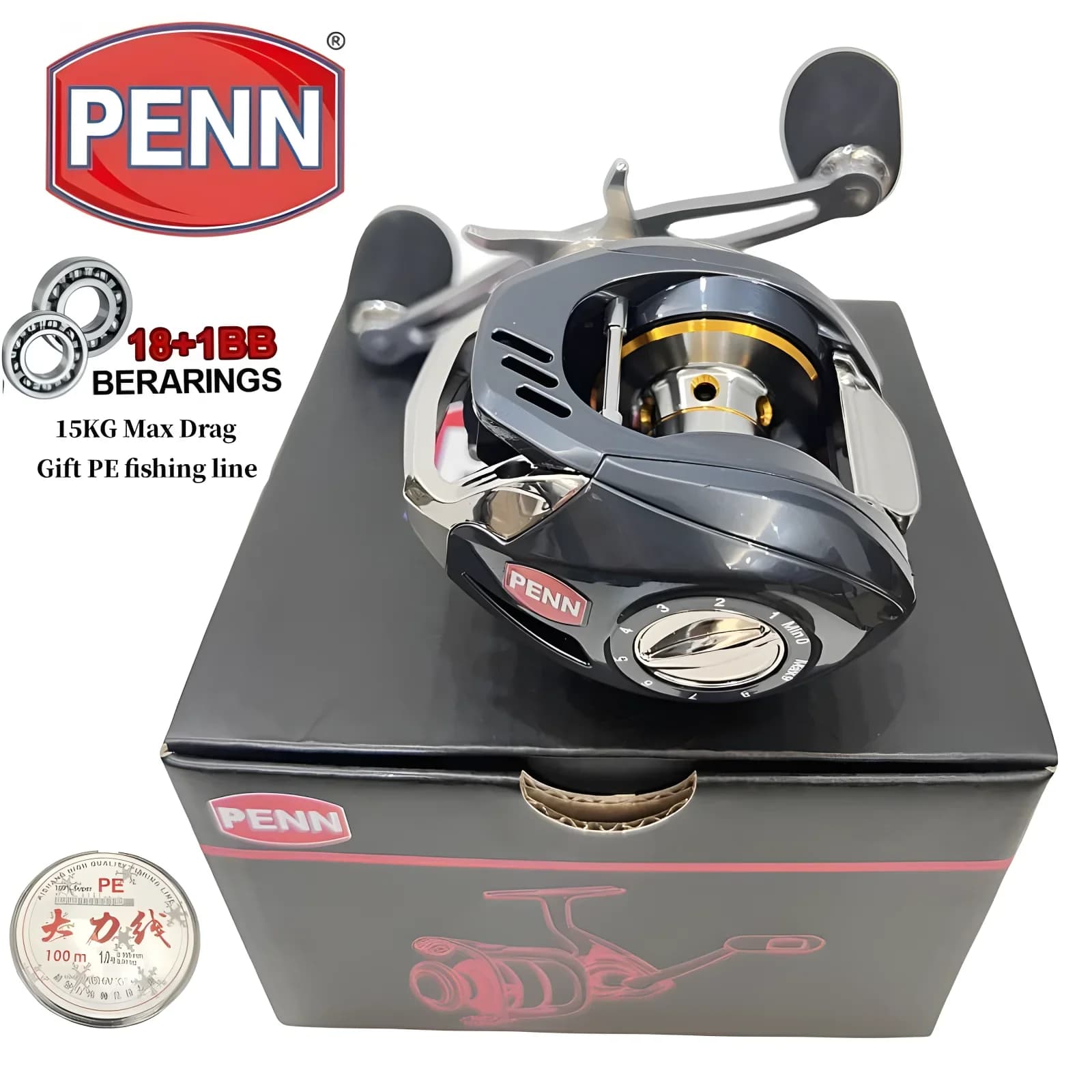 Moulinet baitcast PENN 18+1 roulements frein 15kg ratio 7.2:1 pour pêche sportive mer et gros poissons